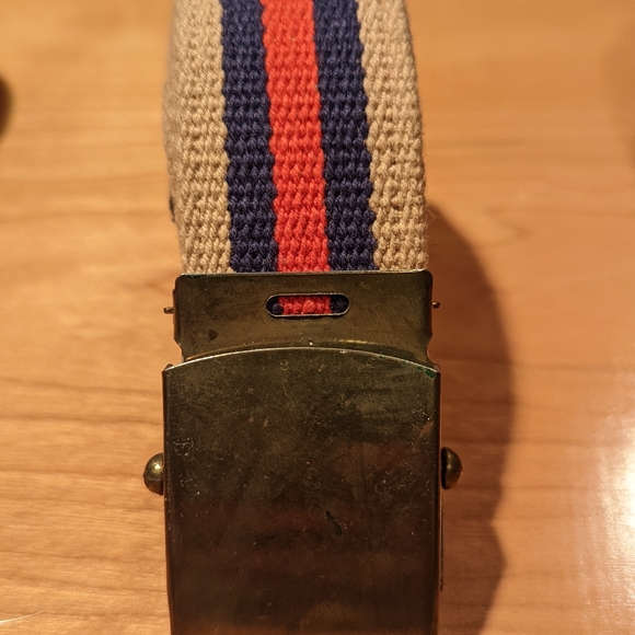 Fabric retro belt in red, blue and tan with metal buckle. Made in the USA. - Picture 2 of 3